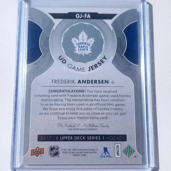 Frederik Andersen Upper Deck Game-Used Jersey Card Toronto Maple Leafs 2017/2018 - Picture 2 of 2